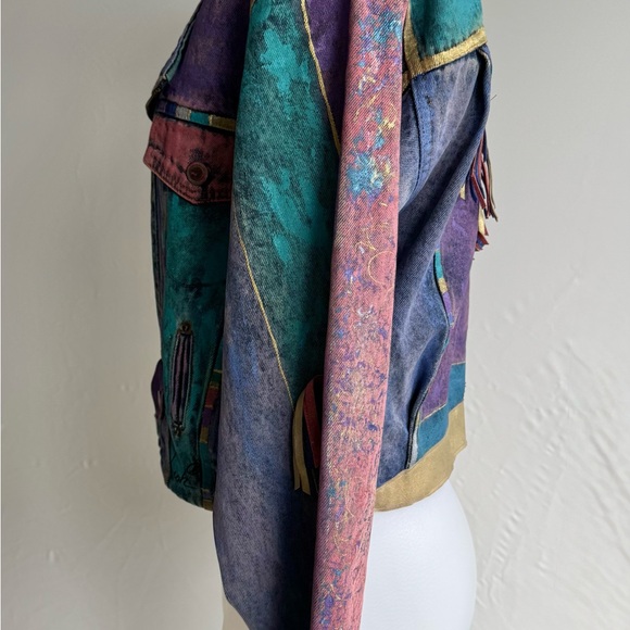 Vintage 1980s Hand Painted Denim Purple & Teal Women's Crop Jean Jacket - Picture 9 of 17